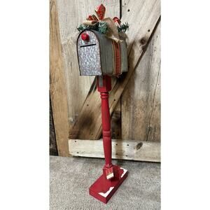 Cozy Woodland Letters to Santa Galvanized Metal Mailbox W/Wood Spindle Base